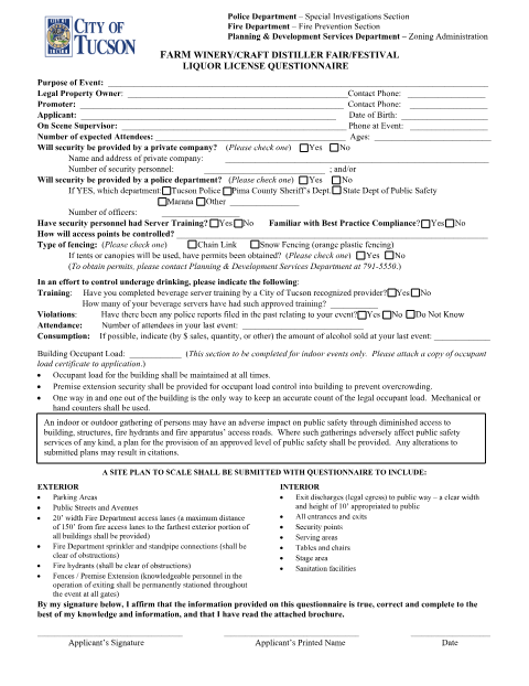 First page of the Craft Distiller / Farm Winery Fair-Festival Liquor License Questionnaire