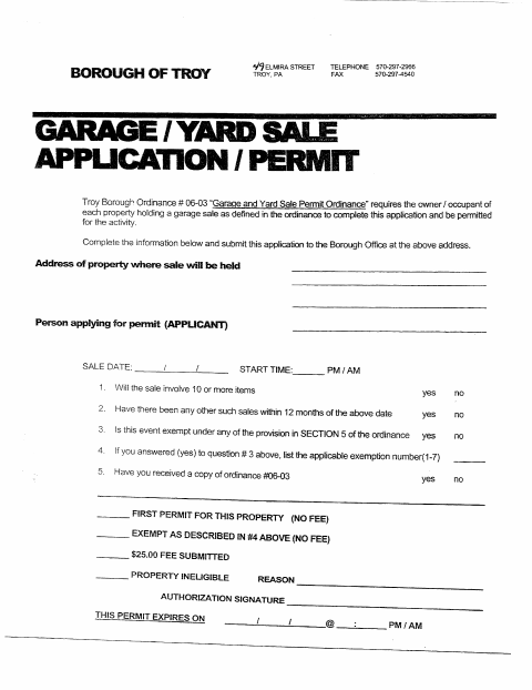 First page of the Garage/Yard Sale Application / Permit