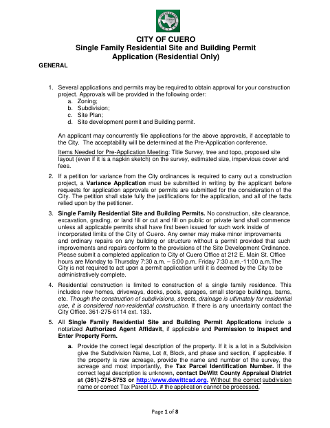 First page of the Single Family Residential Site and Building Permit Application