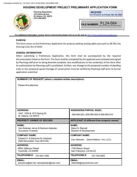 First page of the Housing Development Project Preliminary Application Form (SB 330)