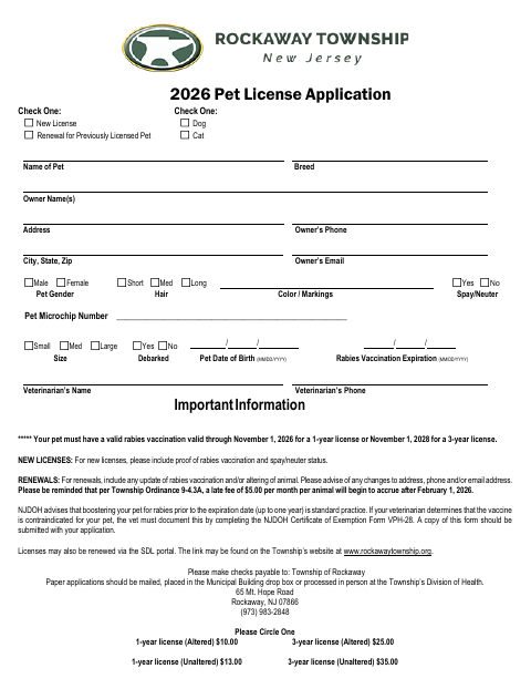 First page of the Pet License Application