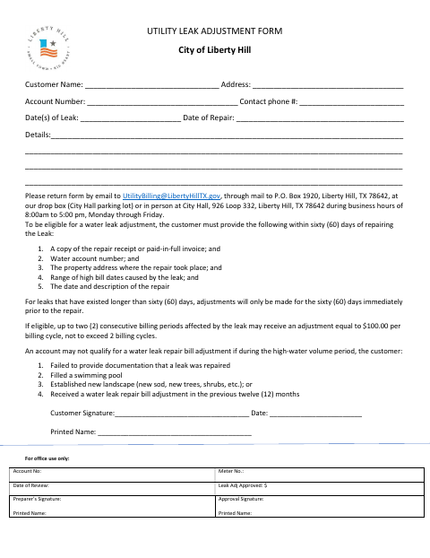 First page of the Utility Leak Adjustment Form