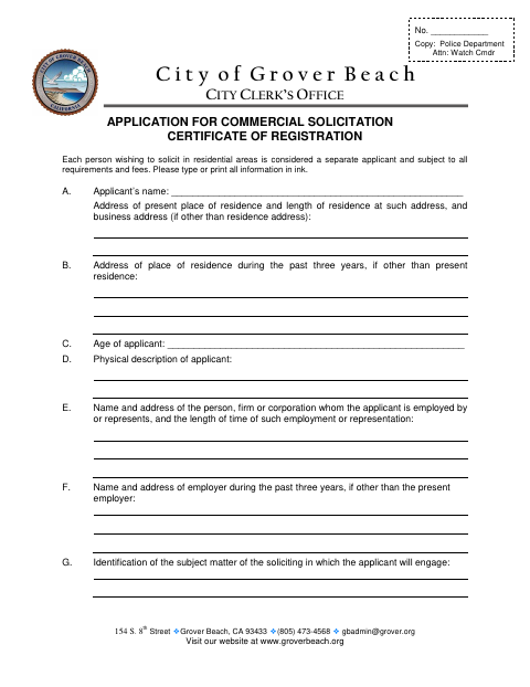 First page of the Application for Commercial Solicitation Certificate of Registration