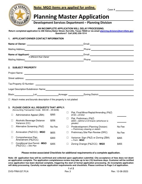 First page of the Planning Master Application