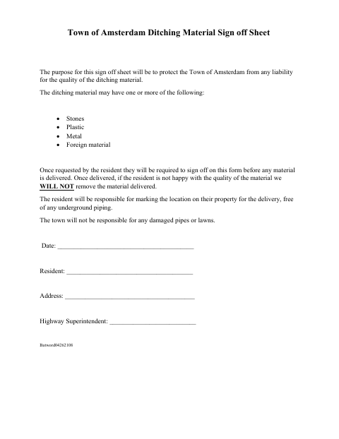 First page of the Ditching Material Sign-Off Sheet