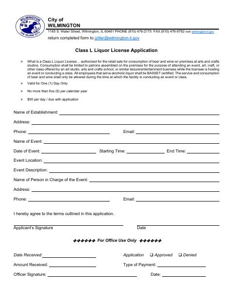 First page of the Class L Liquor License Application