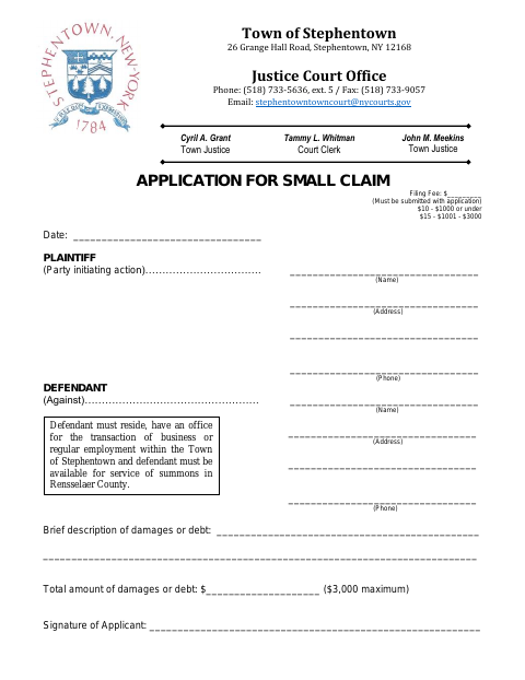First page of the Application for Small Claim