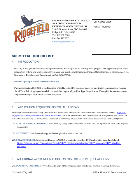 First page of the State Environmental Policy Act (SEPA) Threshold Determination Checklist