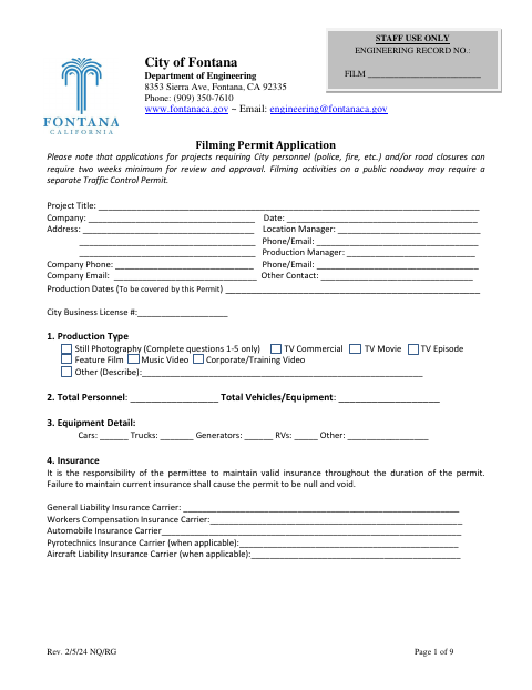 First page of the Filming Permit Application