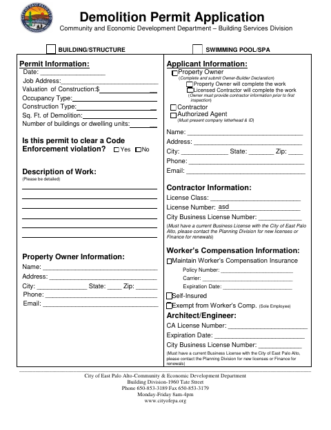 First page of the Demolition Permit Application