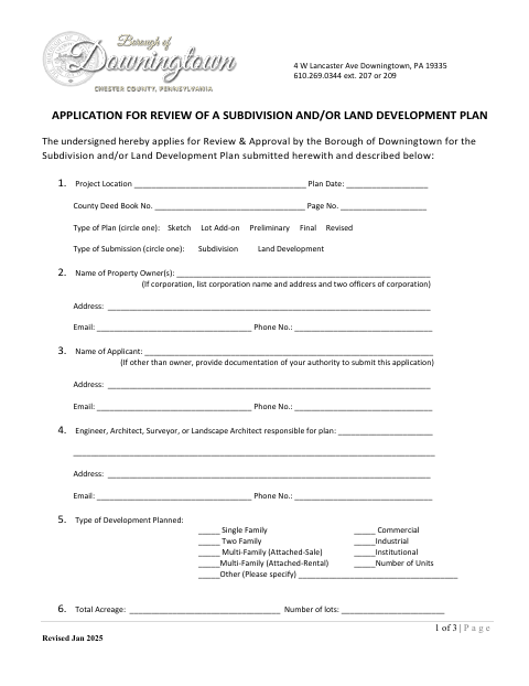First page of the Application for Review of a Subdivision and/or Land Development Plan