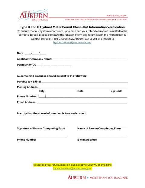 First page of the Type B and C Hydrant Meter Permit Close-Out Information Verification
