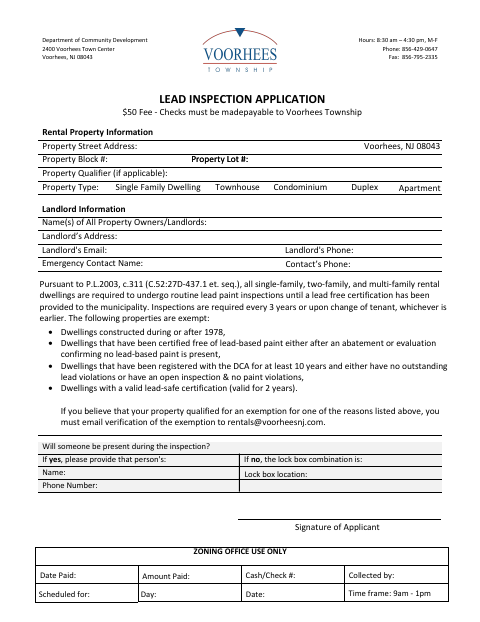 First page of the Lead Inspection Application