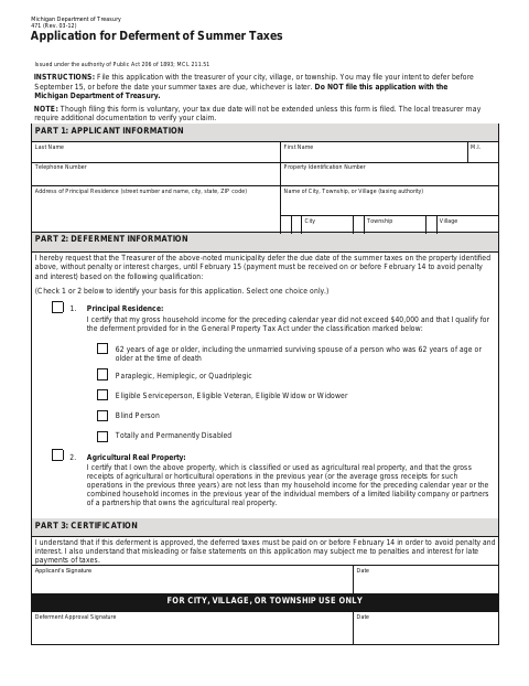 First page of the Application for Deferment of Summer Taxes