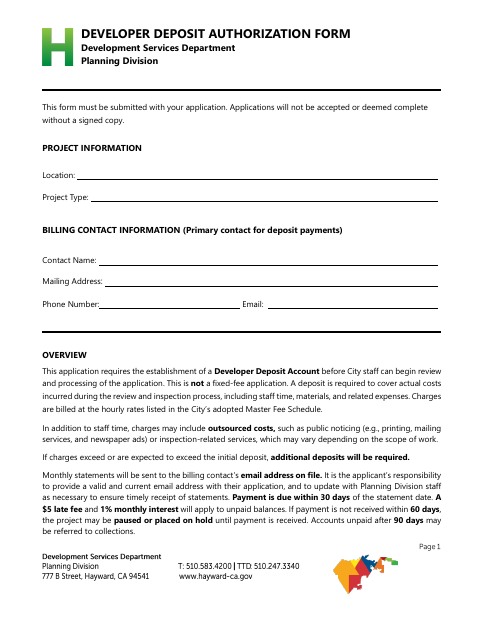 First page of the Developer Deposit Authorization Form