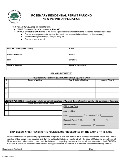 First page of the Rosemary Residential Permit Parking New Permit Application