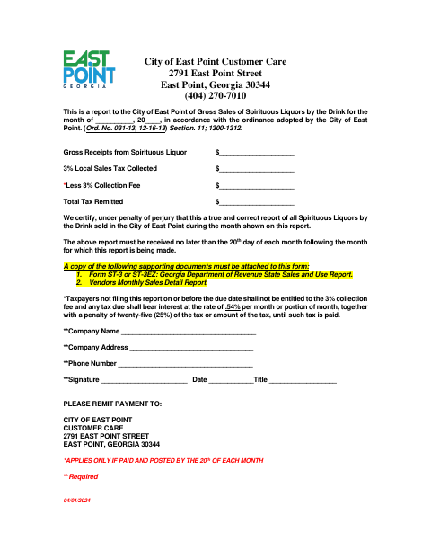 First page of the Mixed Drinks Tax Form