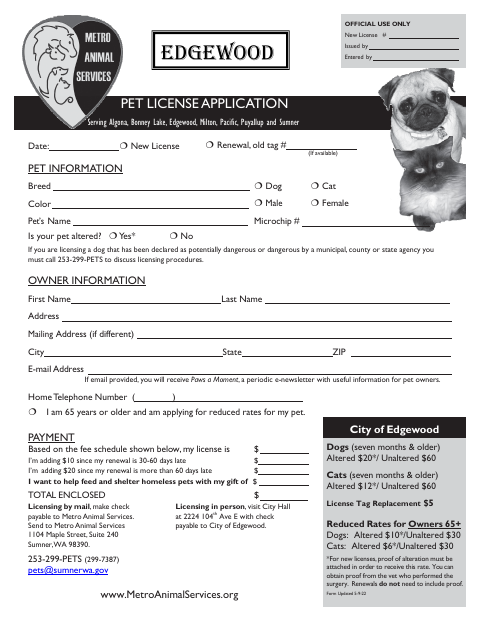 First page of the Pet License Application