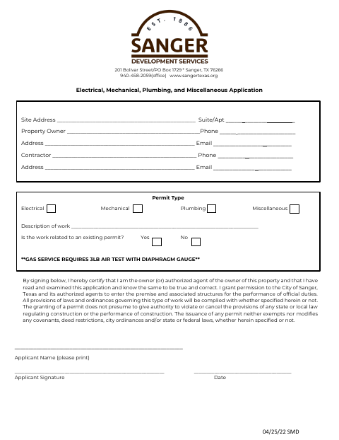 First page of the Electrical, Mechanical, Plumbing, and Miscellaneous Application