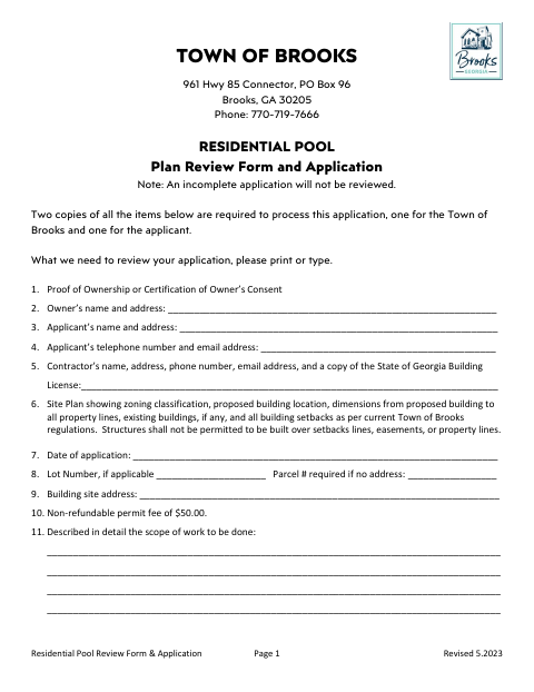 First page of the Residential Pool Review Form and Application
