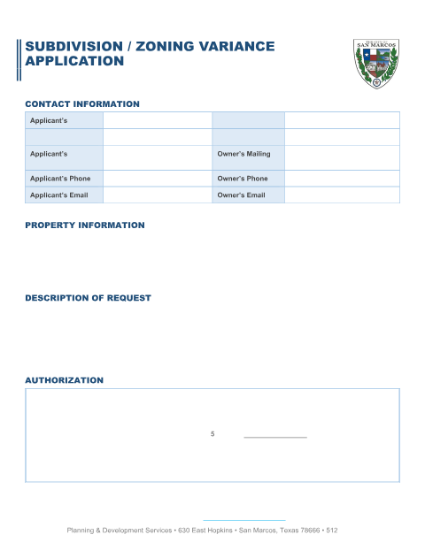 First page of the Subdivision / Zoning Variance Application