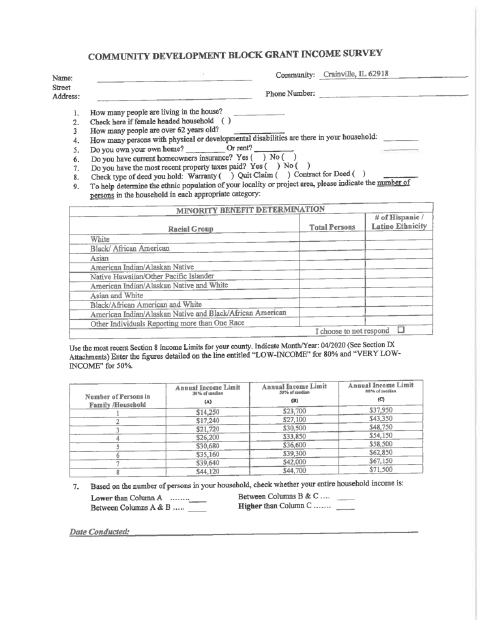 First page of the Community Development Block Grant Income and Housing Needs Survey