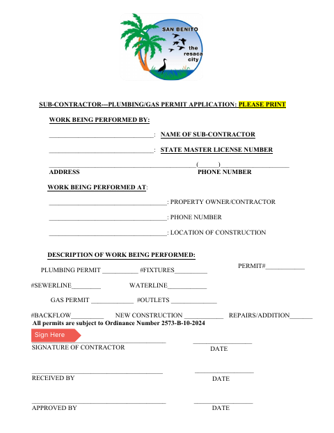 First page of the Sub-Contractor Plumbing/Gas Permit Application
