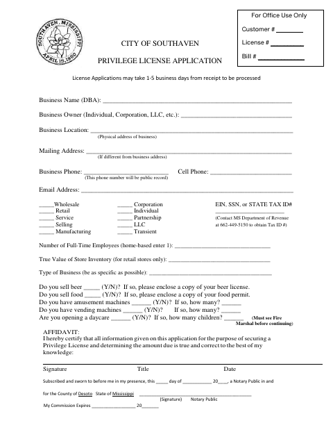 First page of the Privilege License Application