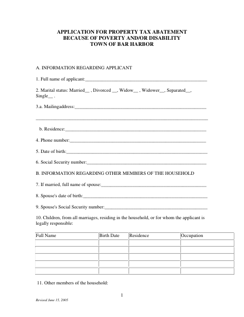 First page of the Application for Property Tax Abatement Because of Poverty and/or Disability
