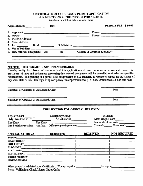 First page of the Certificate of Occupancy Application