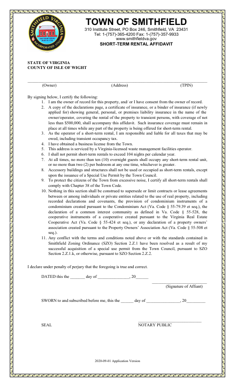 First page of the Short-Term Rental Affidavit