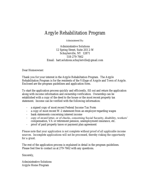 First page of the Argyle Rehabilitation Program Application