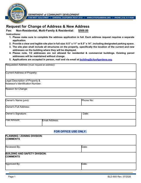 First page of the Request for Change of Address & New Address