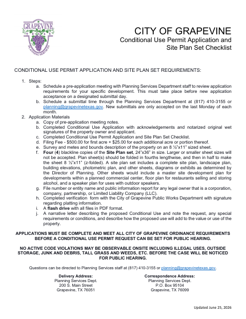 First page of the Conditional Use Permit Application and Site Plan Set Checklist