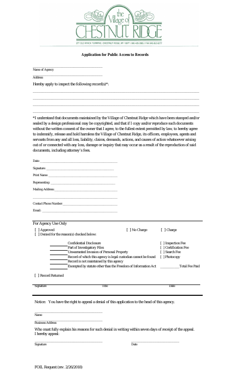 First page of the Application for Public Access to Records