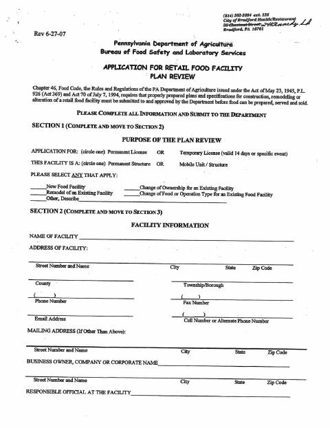 First page of the Application for Retail Food Facility Plan Review