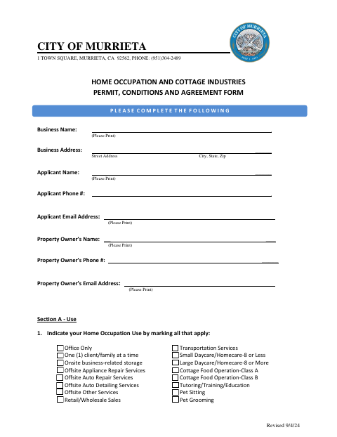 First page of the Home Occupation and Cottage Industries Permit, Conditions and Agreement Form