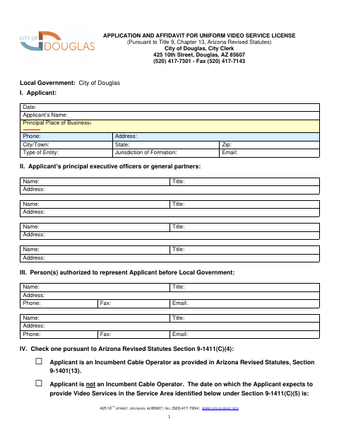 First page of the Application and Affidavit for Uniform Video Service License