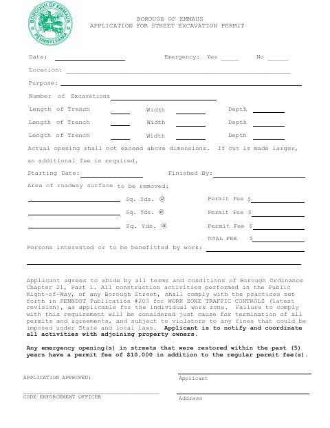 First page of the Application for Street Excavation Permit