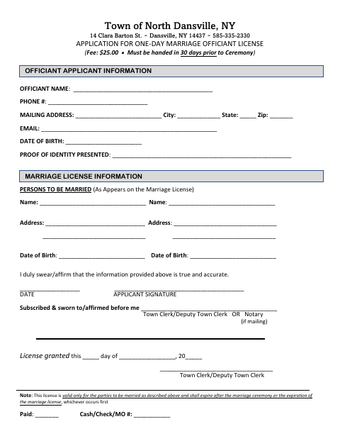 First page of the One-Day Marriage Officiant License Application