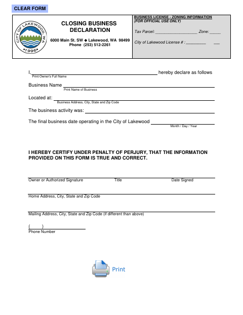 First page of the Closing Business Declaration