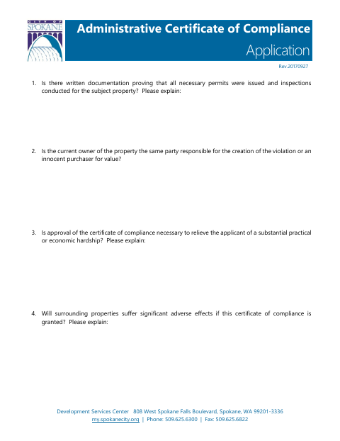 First page of the Administrative Certificate of Compliance Application