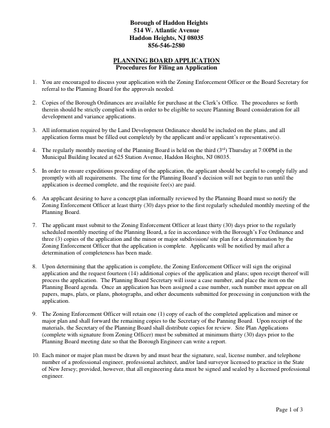 First page of the Planning and Zoning Board Application