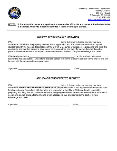 First page of the Owner's Affidavit & Authorization