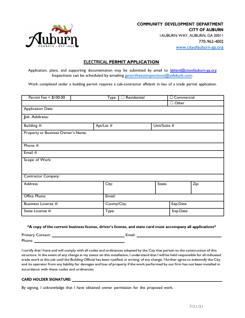 First page of the Electrical Permit Application