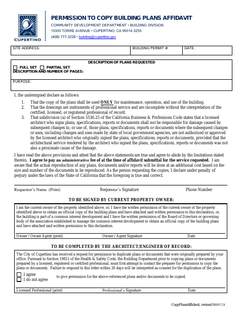 First page of the Permission to Copy Building Plans Affidavit