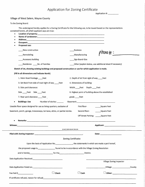 First page of the Zoning Certificate Application