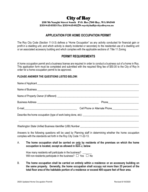 First page of the Application for Home Occupation Permit