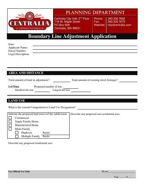 First page of the Boundary Line Adjustment Application