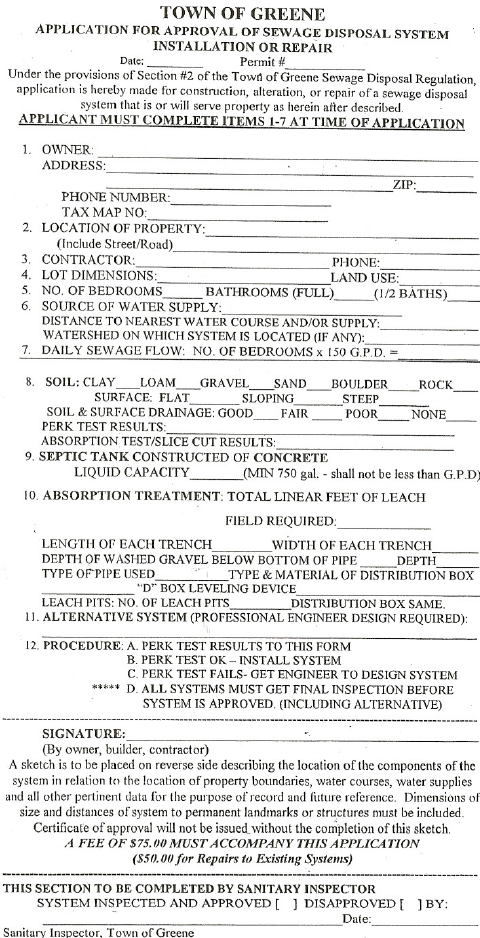 First page of the Application for Approval of Sewage Disposal System Installation or Repair